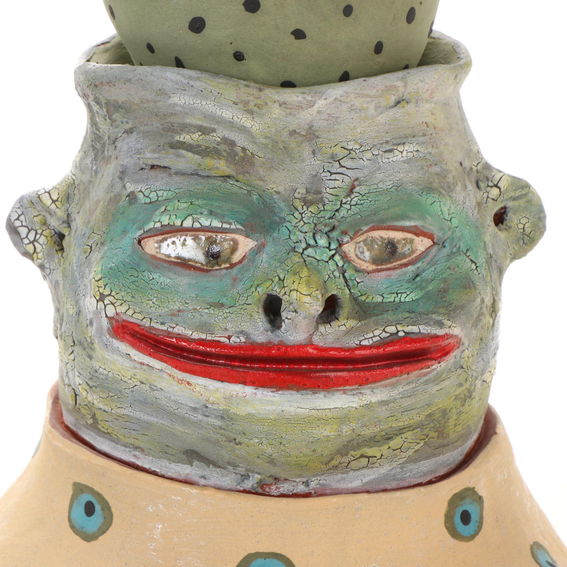 Deb Fleck-Stabley Glazed Terracotta Sculpture of Creature with Tea, 2001