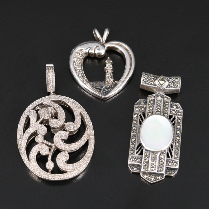 Sterling Silver Pendants Featuring Mother of Pearl and Marcasite