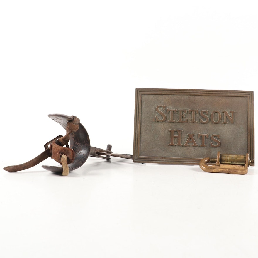 Bronze Stetson Hat Plaque, Iron and Leather Spur, and Brass Combination Lock