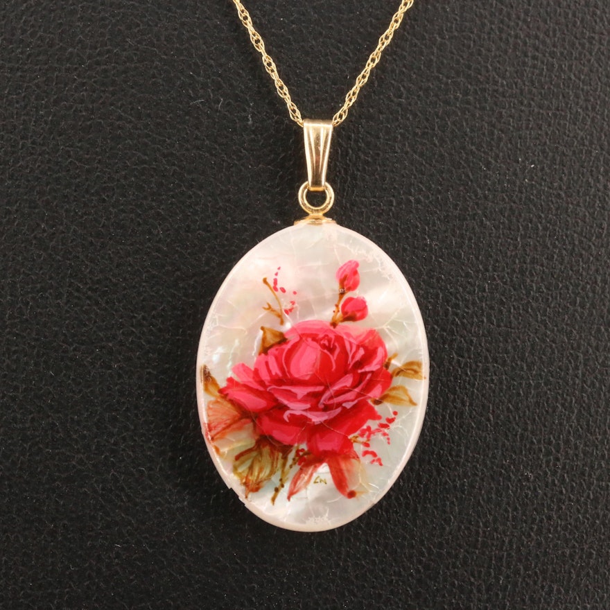Vintage 14K Mother of Pearl Polynesian Hand Painted Floral Pendant Necklace
