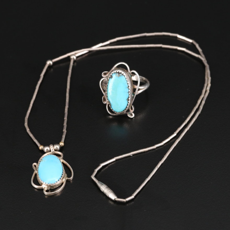 Western Sterling Silver Turquoise Ring and Pendant Necklace