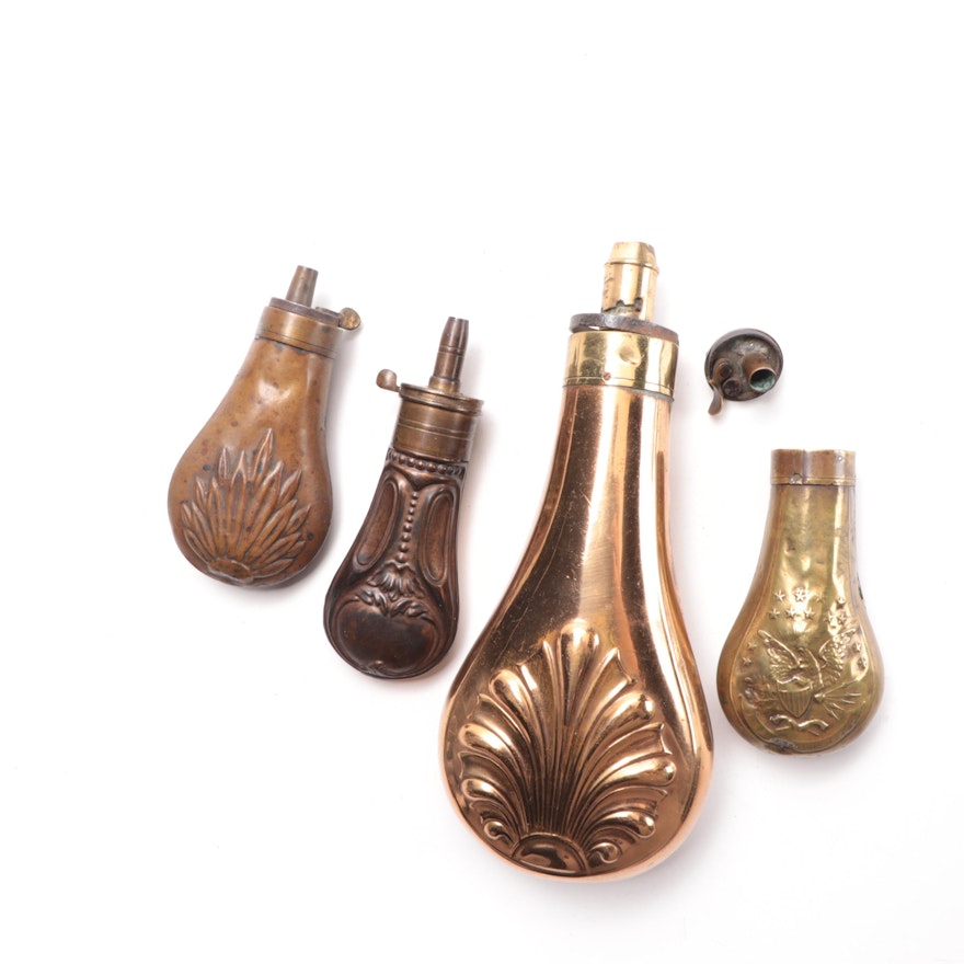 Brass Military Eagle Gunpowder Flask with Other Brass and Copper Flasks, 19th C.