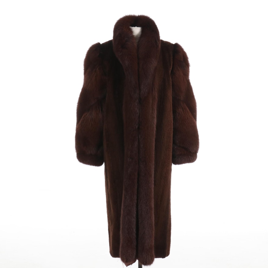 Dark Brown Sheared Beaver and Fox Fur Full-Length Coat with Banded Cuffs
