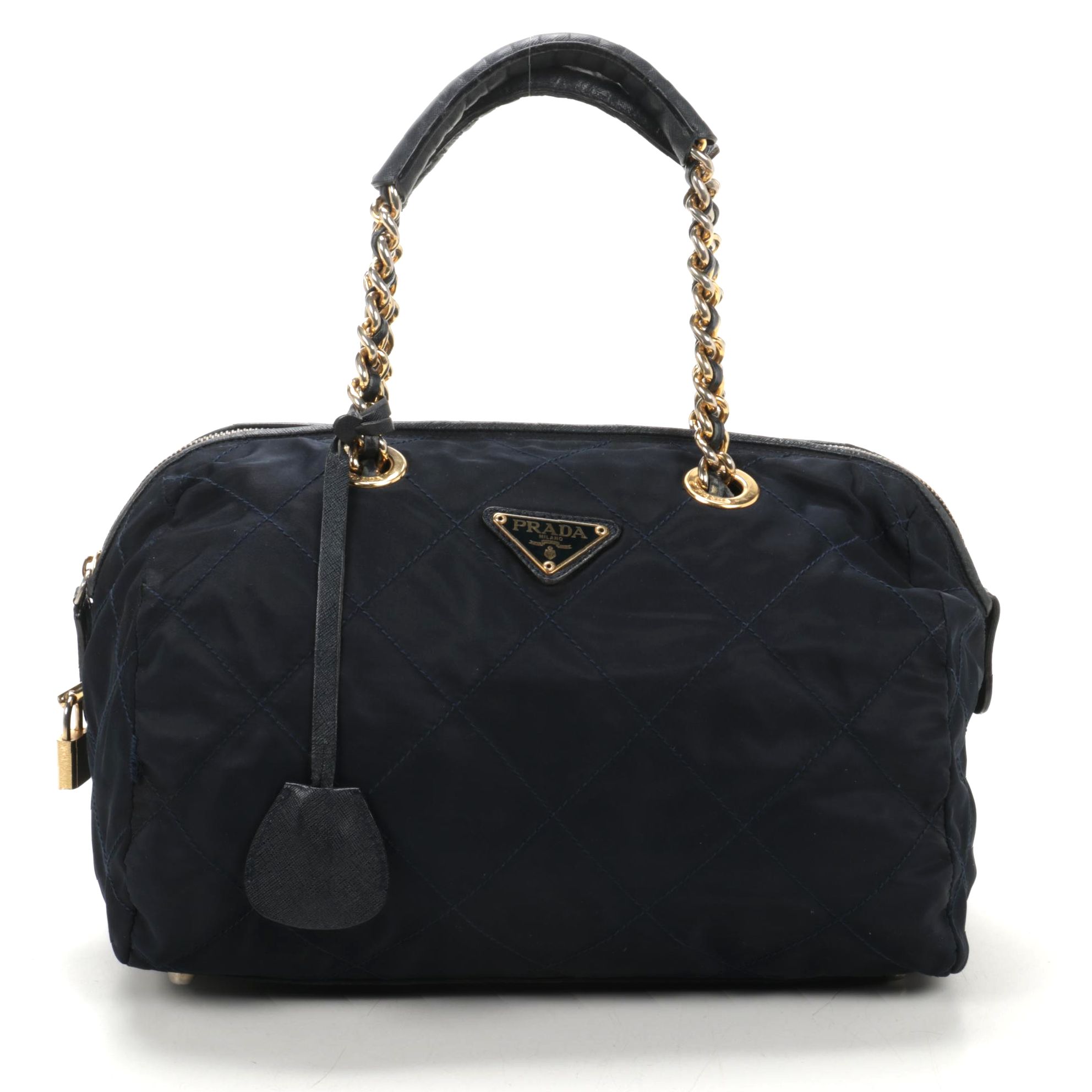 Prada Chain Strap Shoulder Bag in Quilted Navy Blue Tessuto Nylon