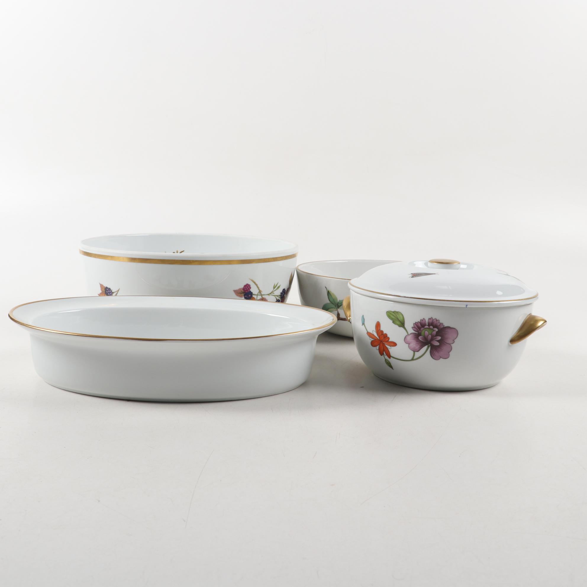 Royal Worcester "Evesham" Porcelain Serving Bowls and Floral Motif Casserole