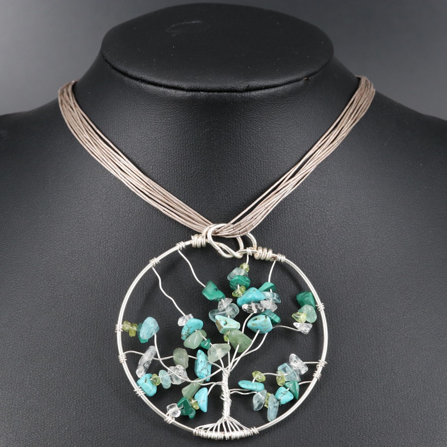 Sterling Gemstone Tree of Life Necklace with Liquid Silver Chain