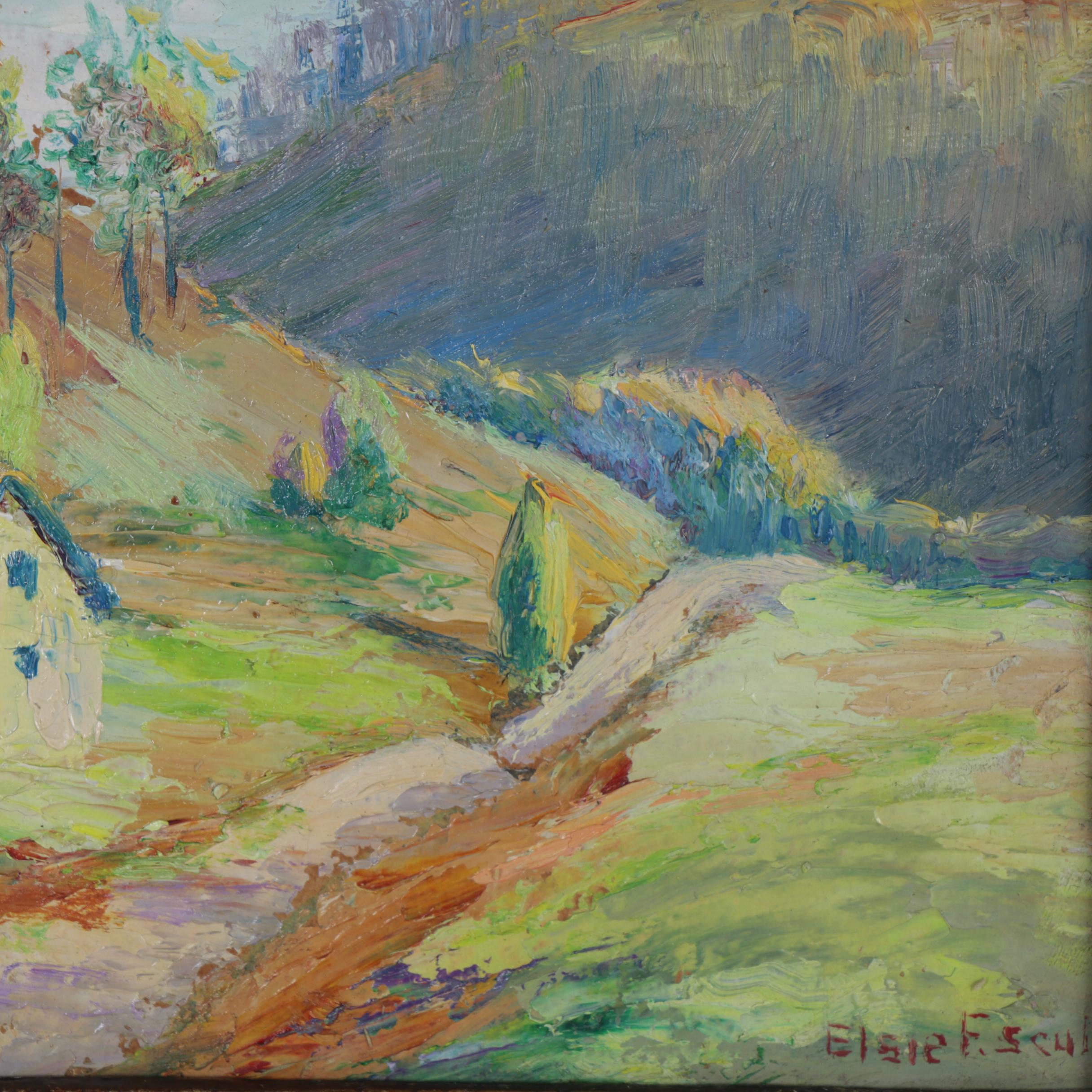 Elsie Scull Oil Painting of Landscape with Cottages, Early to Mid-20th Century