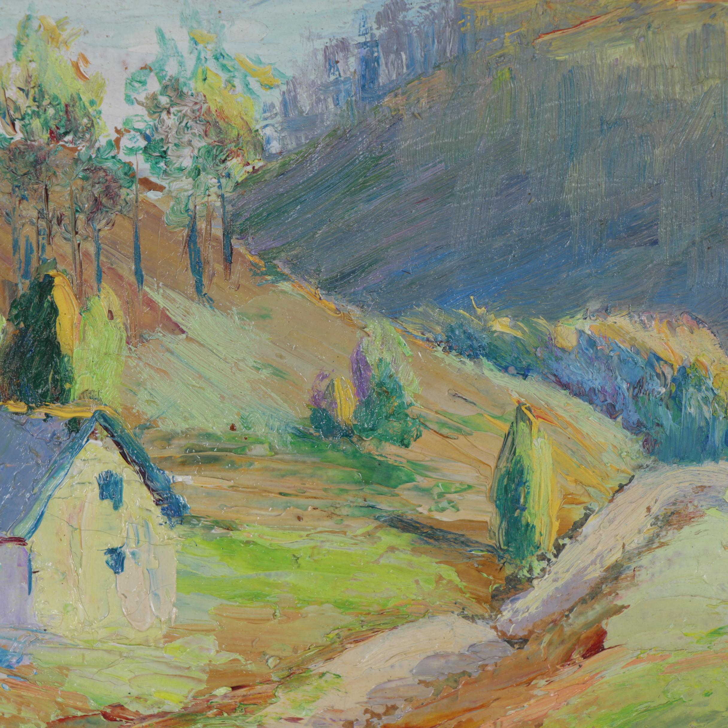 Elsie Scull Oil Painting of Landscape with Cottages, Early to Mid-20th Century