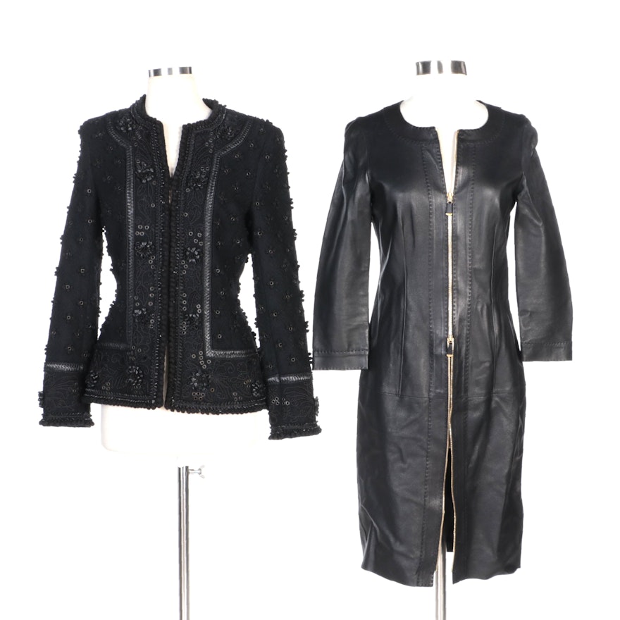 Escada Cord and Grommet Embellished Jacket with Black Mid-Length Leather Jacket