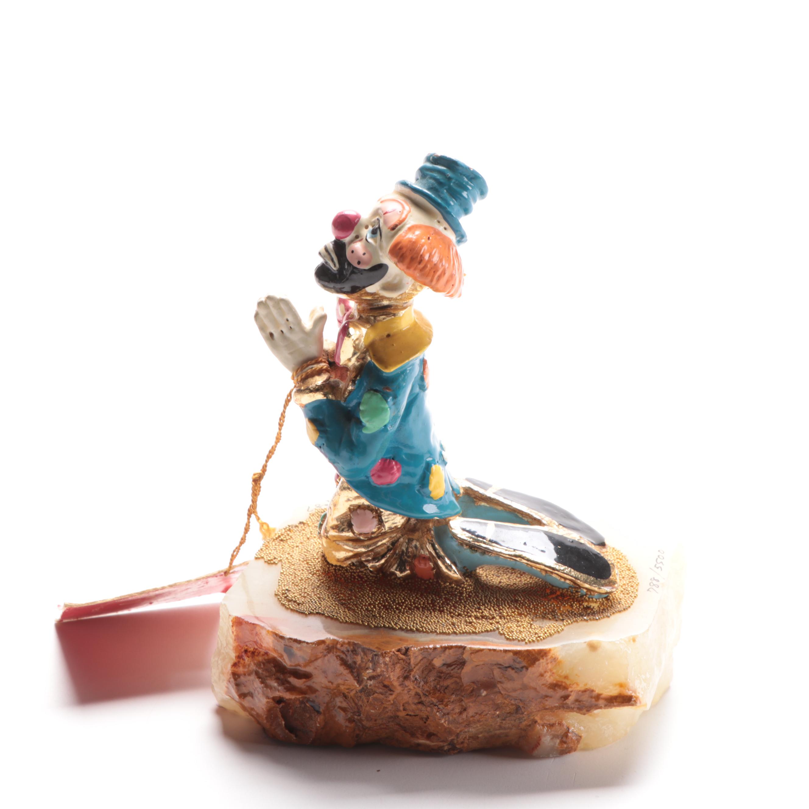 Ron Lee "My Prayer" Enameled Metal Clown Sculpture on Onyx Base, 1987