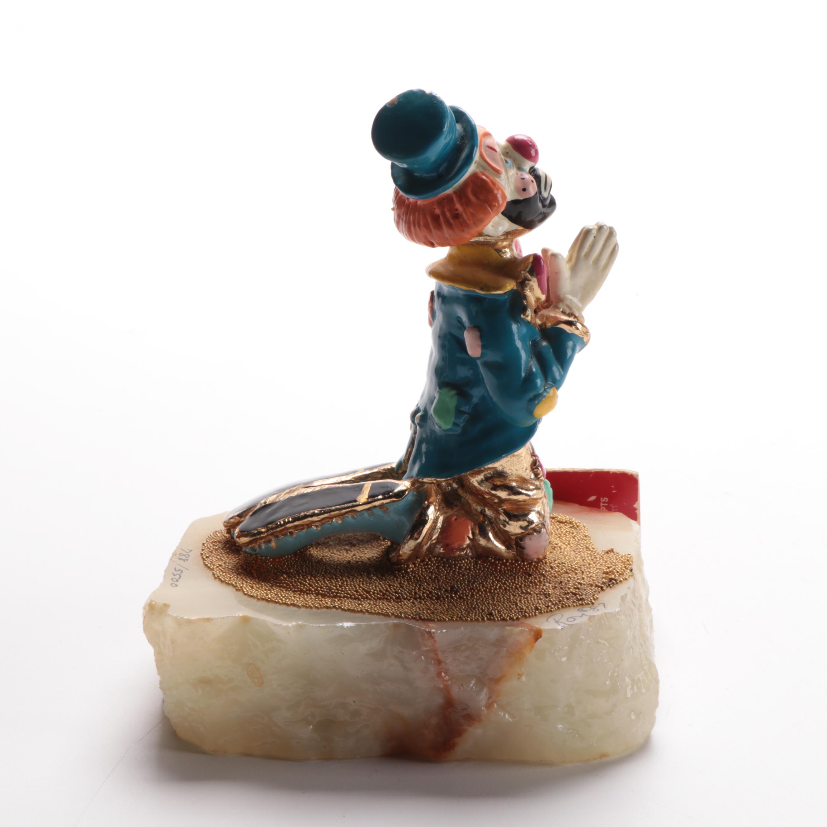 Ron Lee "My Prayer" Enameled Metal Clown Sculpture on Onyx Base, 1987