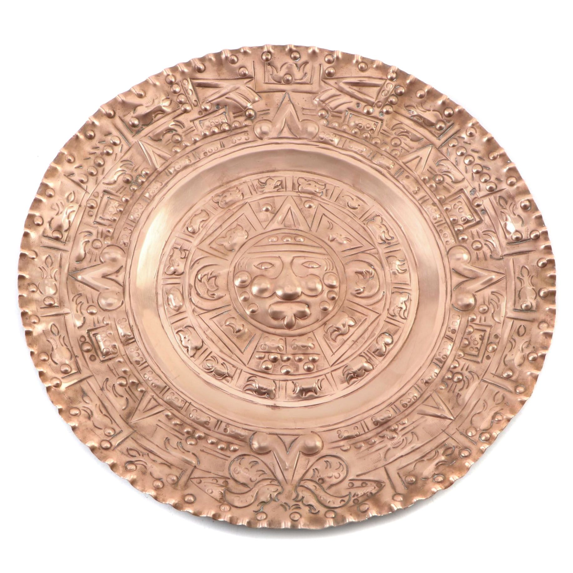J.G.G. Mexico Aztec Calendar Style Repoussé Copper Wall Plaque