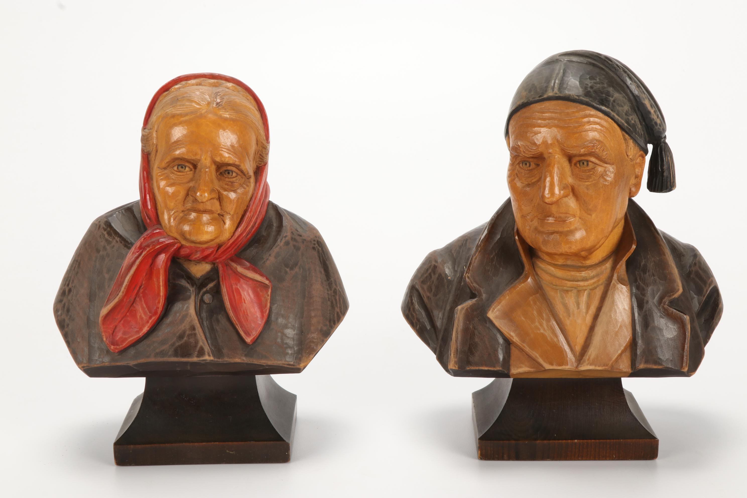 German Reinhold Merkelbach Stoneware Mugs and Hand Carved Wooden Figurines