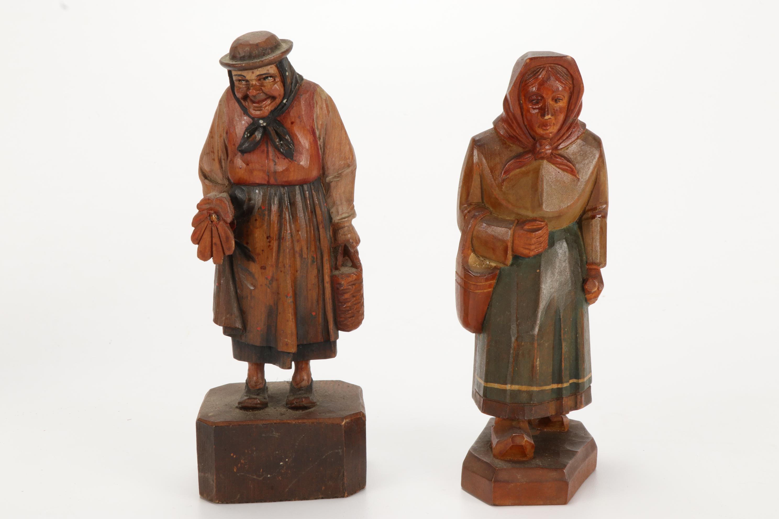 German Reinhold Merkelbach Stoneware Mugs and Hand Carved Wooden Figurines