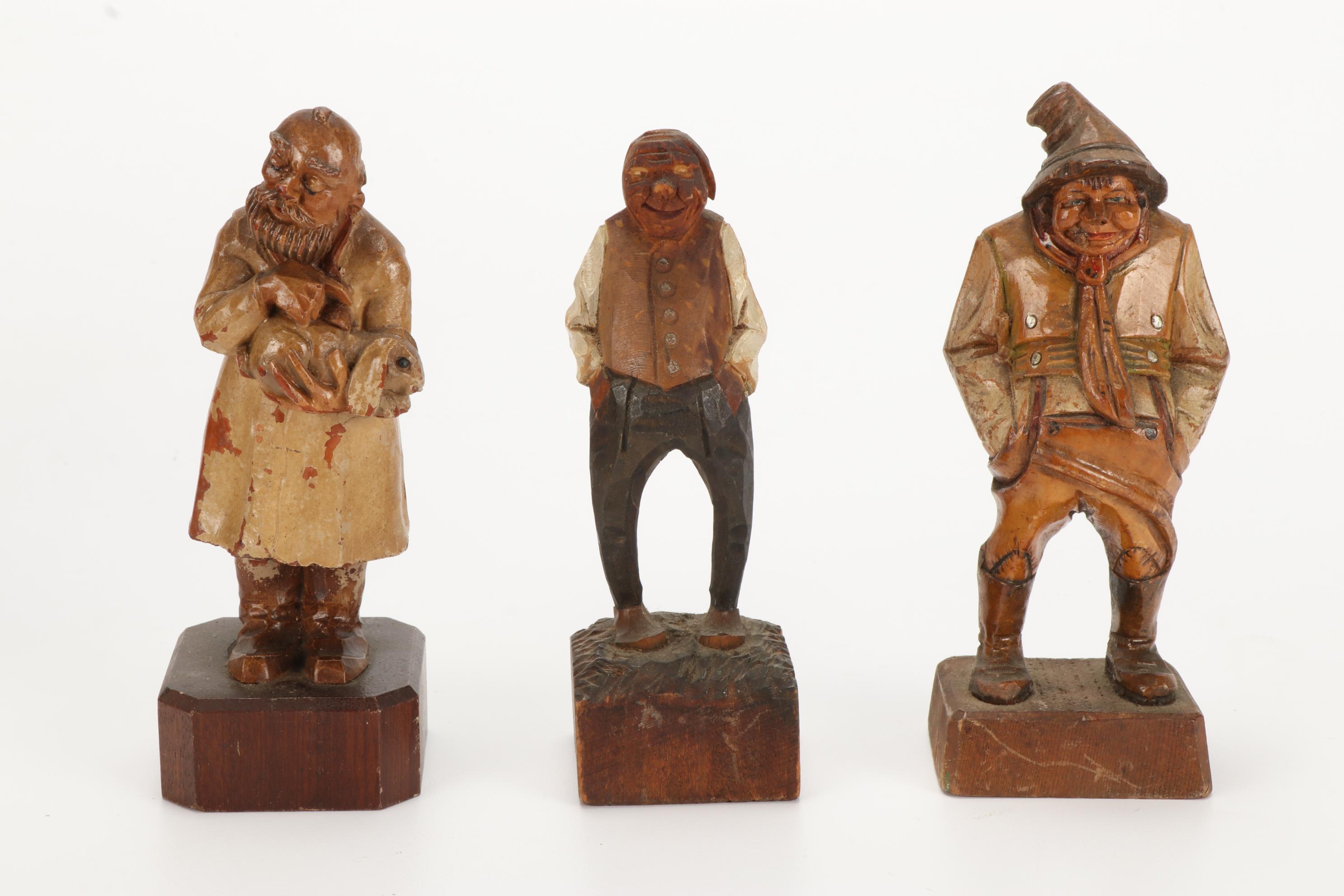 German Reinhold Merkelbach Stoneware Mugs and Hand Carved Wooden Figurines