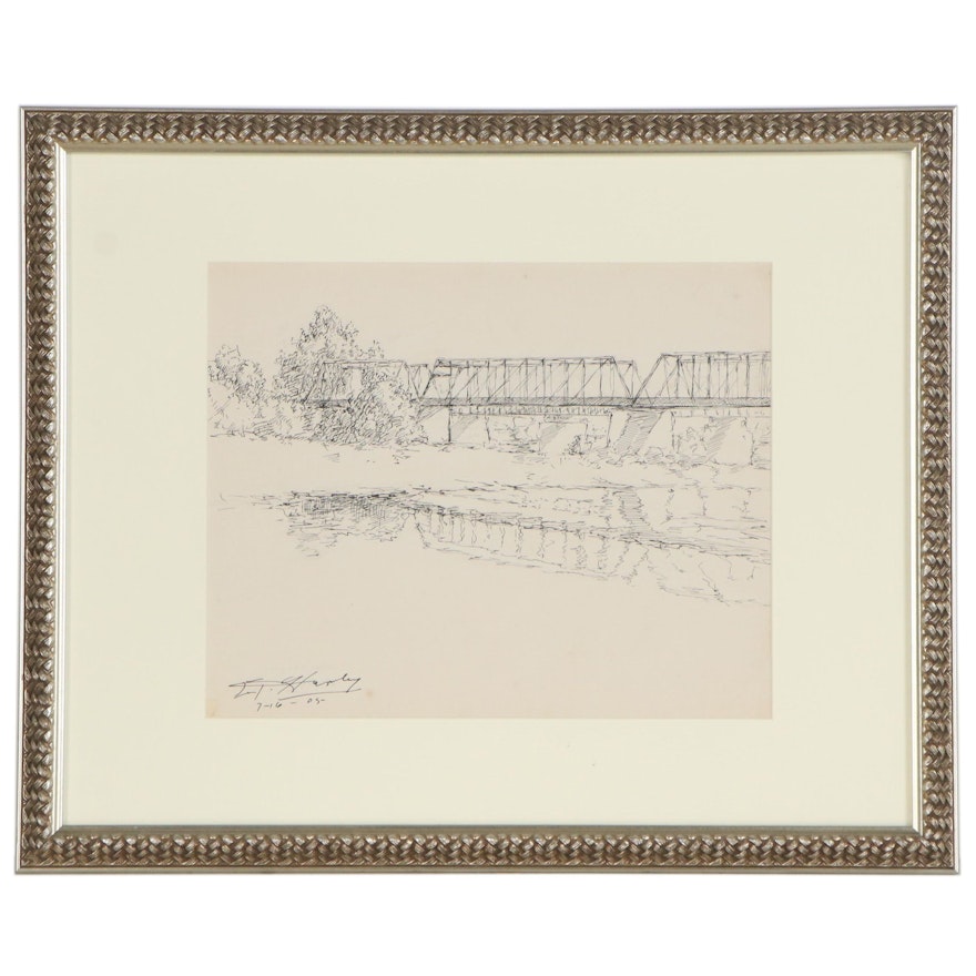 Edward T. Hurley Ink Drawing of Bridge, 1905