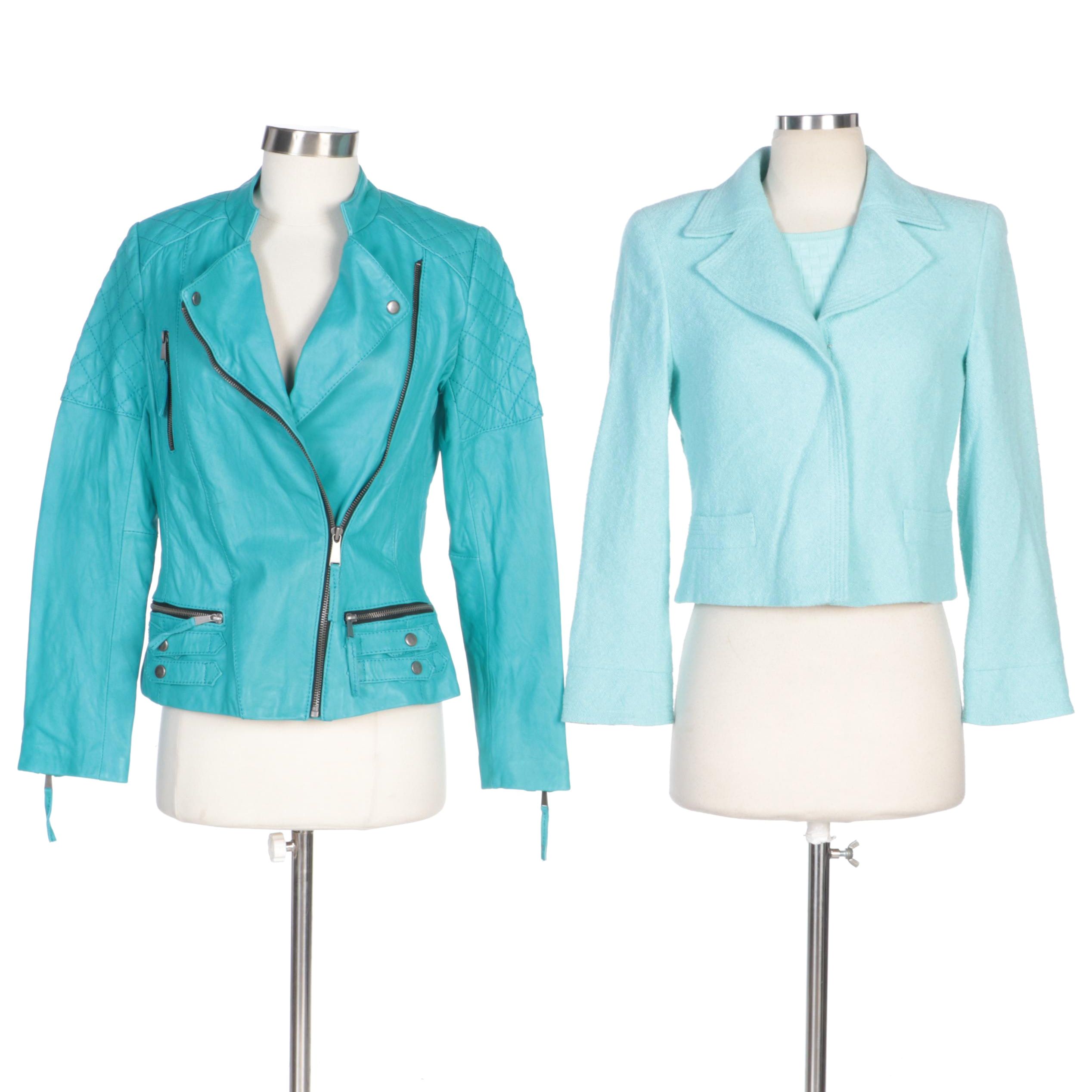 Neiman Marcus Leather Jacket and Escada Jacket with Knit Short Sleeved Top