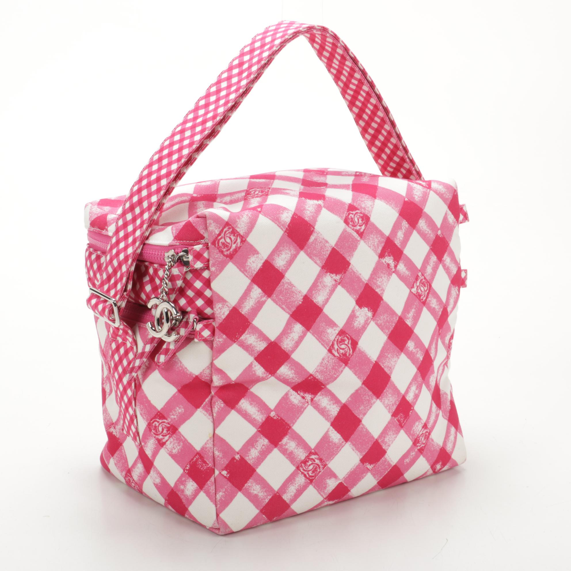 Chanel Medium Lunch Box Shoulder Bag in Pink Gingham Printed Canvas