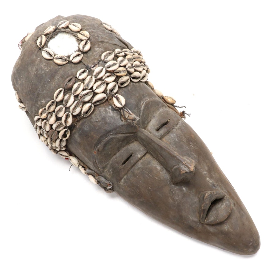 West African Style Wood Mask with Cowrie Shell Embellishments