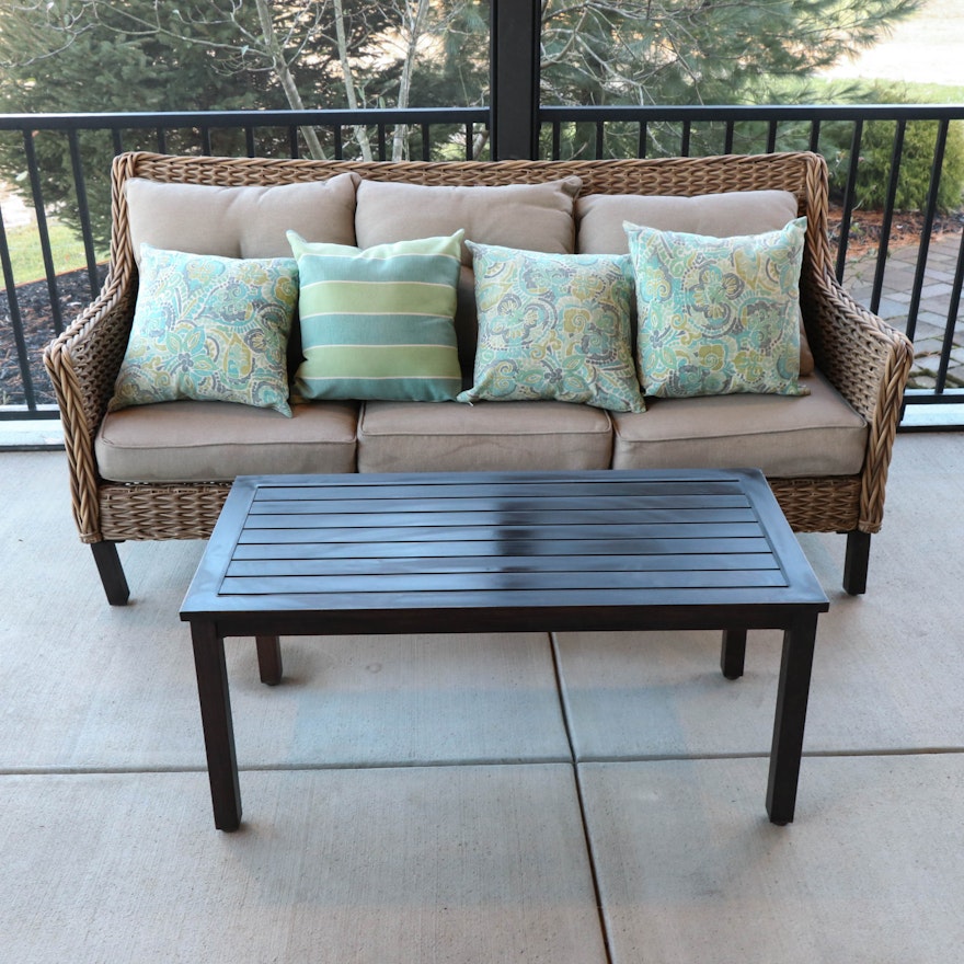 Resin Wicker Patio Sofa with Outdoor Cushions and Coffee Table