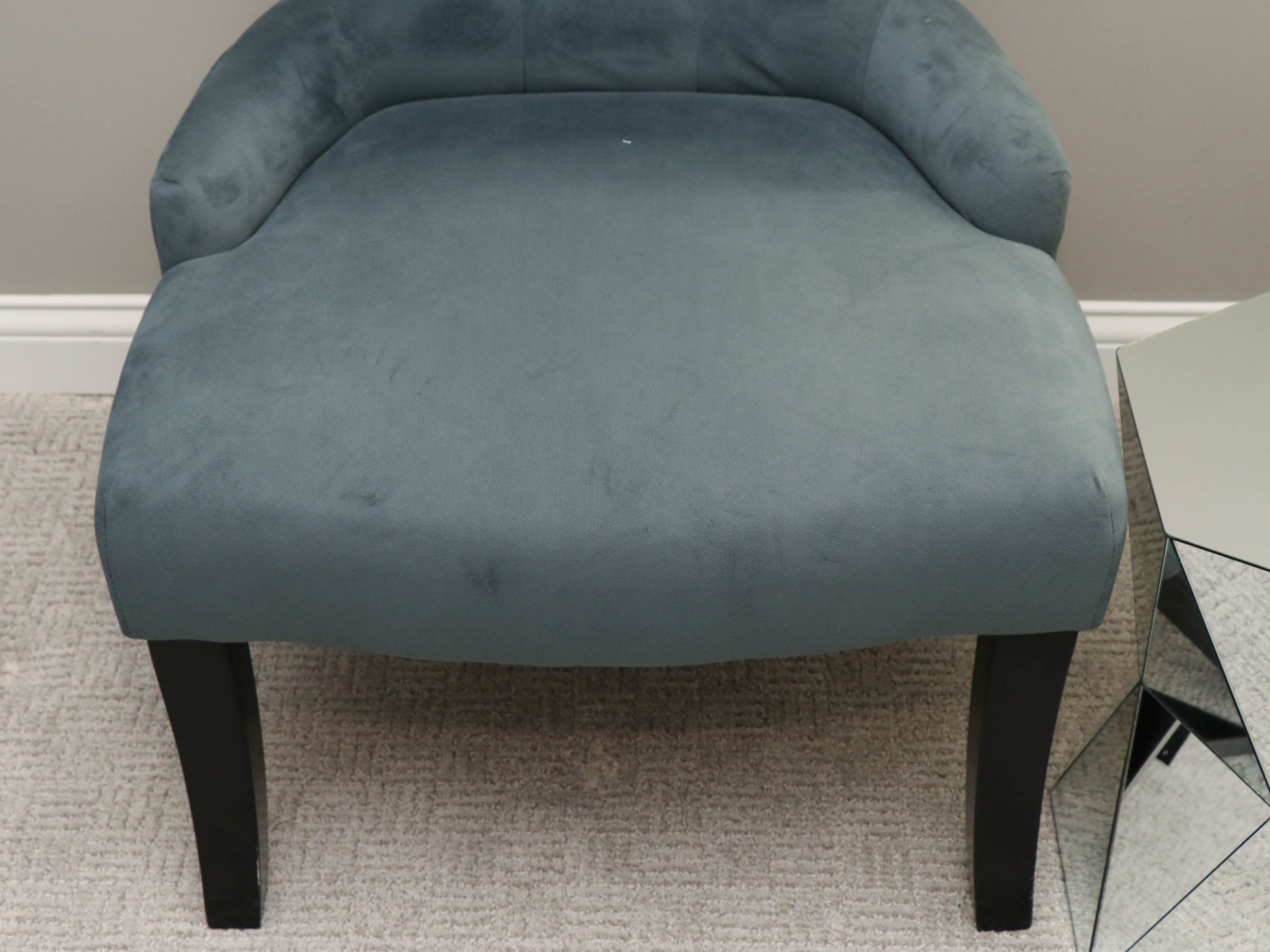 Teal Tufted Microfiber Slipper Chair with Pillow and Mirrored Side Table