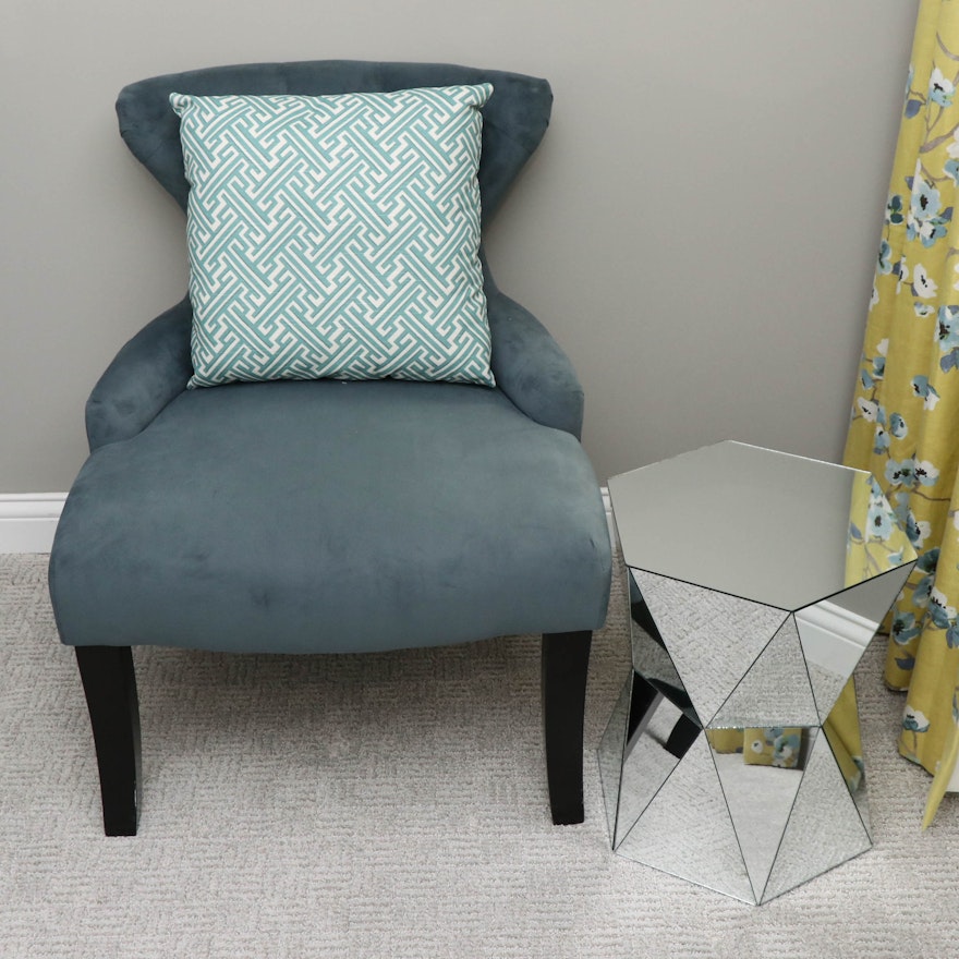 Teal Tufted Microfiber Slipper Chair with Pillow and Mirrored Side Table