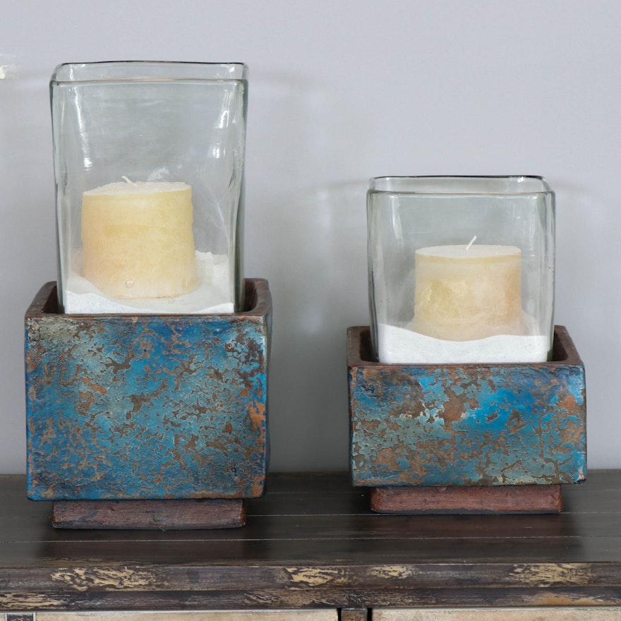 Glazed Ceramic and Glass Candle Holders in Crackle Finish, Contemporary