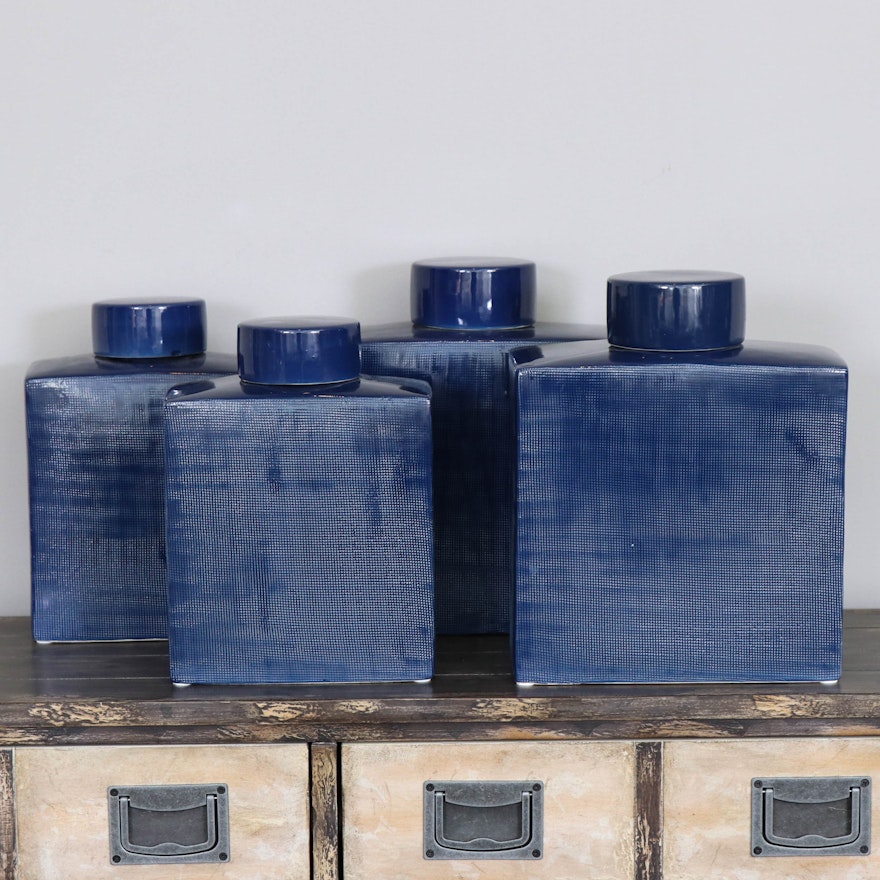 Chinese Modern Cobalt Blue Ceramic Tea Caddies, Contemporary