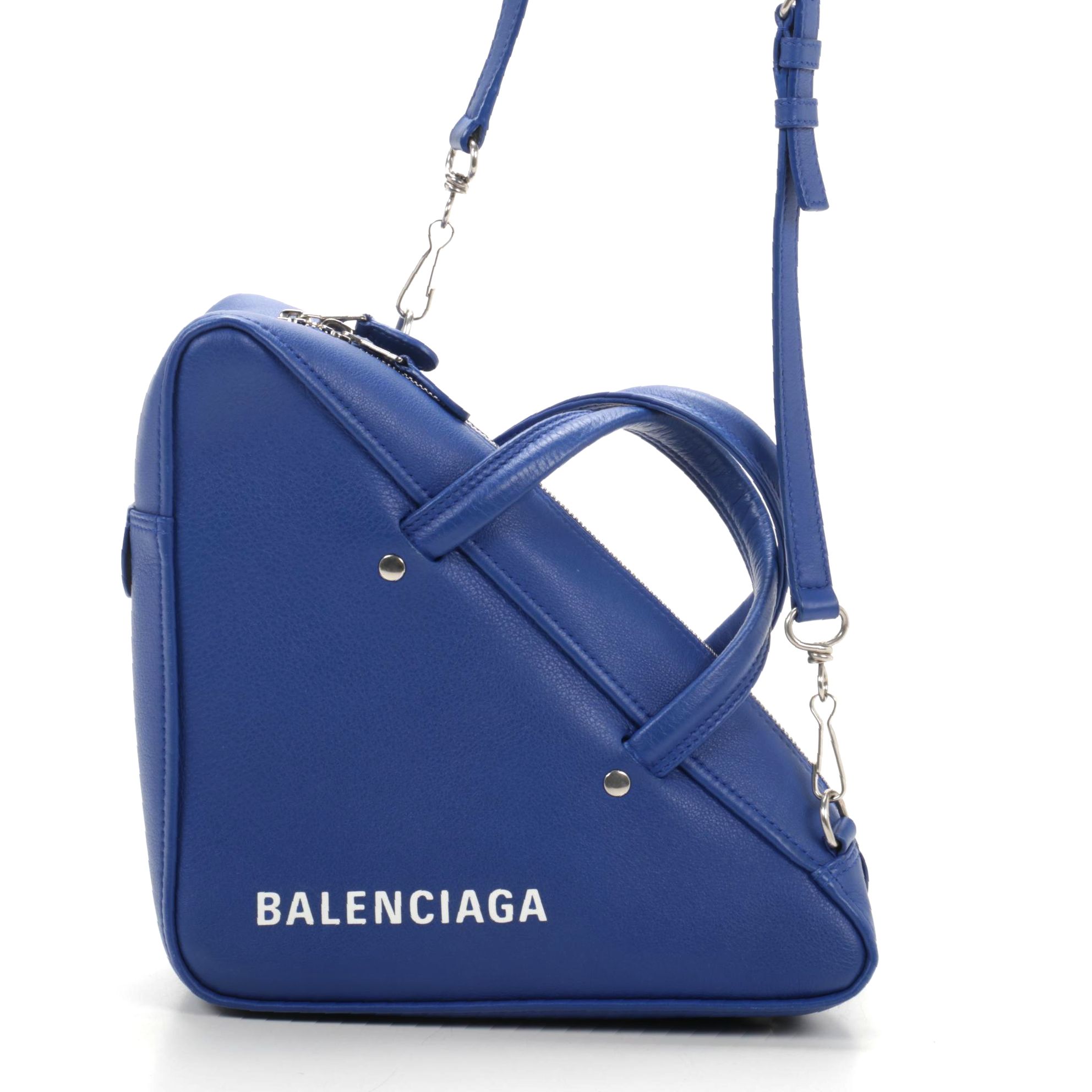Balenciaga Medium Triangle Duffel in Blue Leather with Crossbody Strap