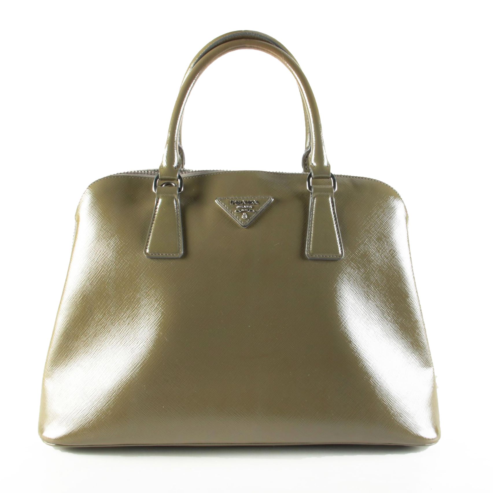 Prada Dome Satchel in Khaki Green Saffiano Leather with Shoulder Strap