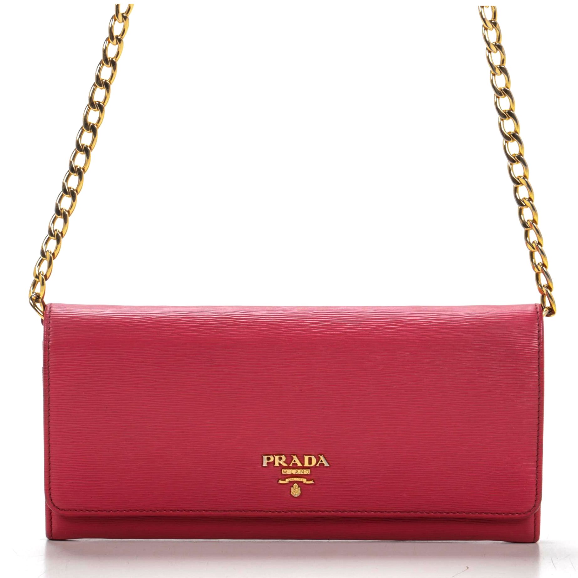 Prada Wallet on Chain in Textured Pink Leather