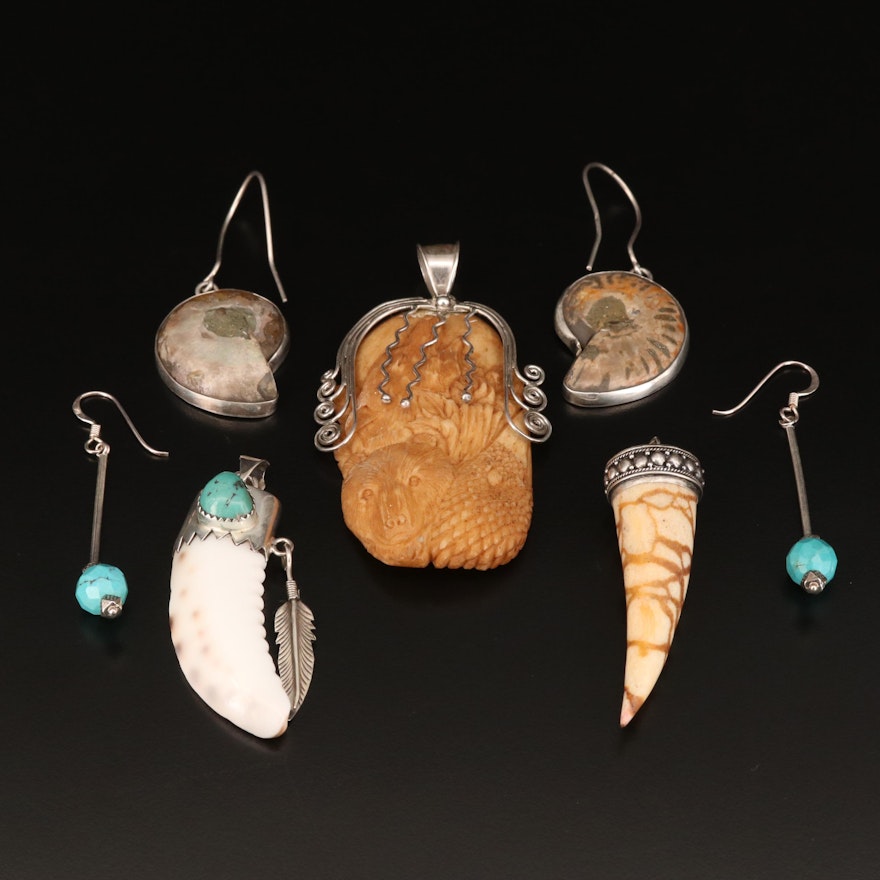 Sterling Pendants and Earrings Featuring Carved Bone Bear Pendant and Ammonite