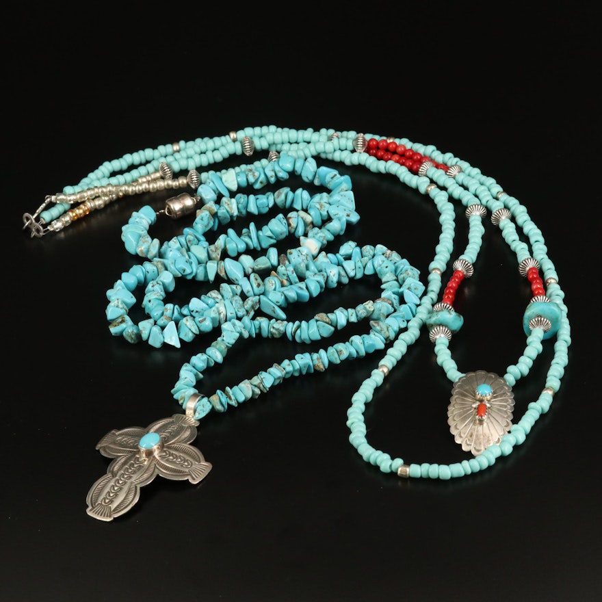 Southwestern Turquoise, Coral and Magnesite Beaded Necklace