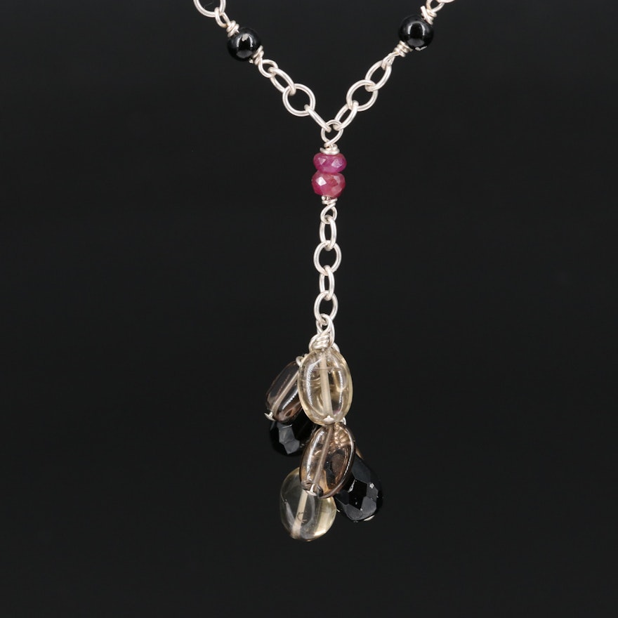 Sterling Silver Smoky Quartz, Ruby and Glass Necklace