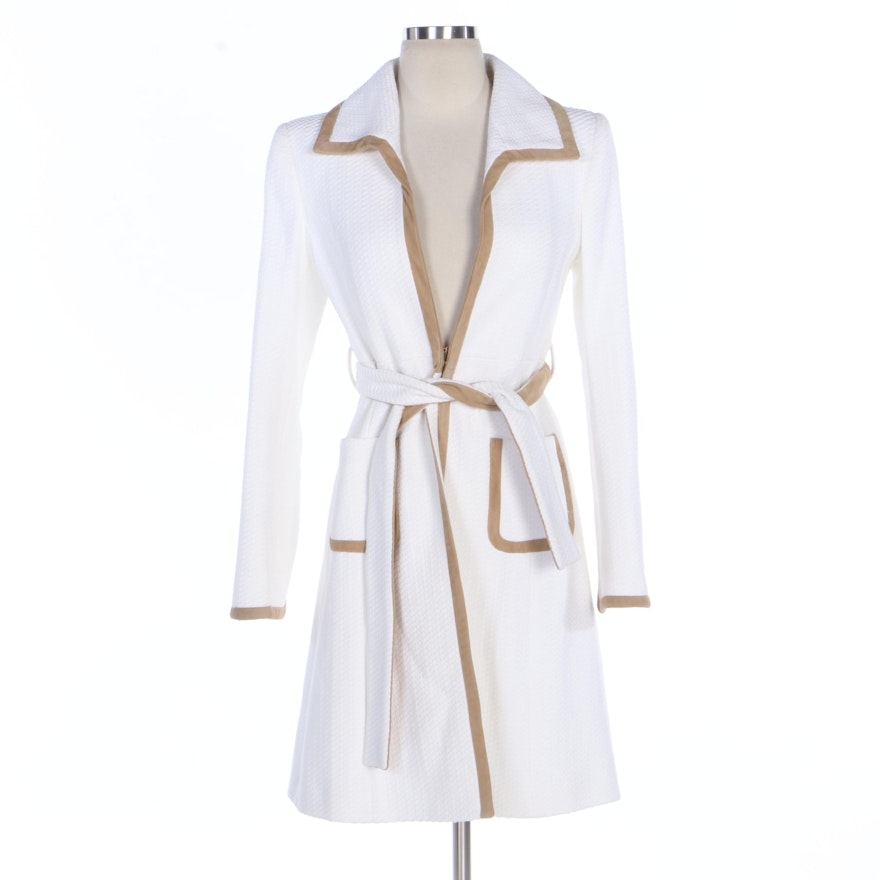 Valentino Roma White Tweed Belted Coat with Faux Suede Trim