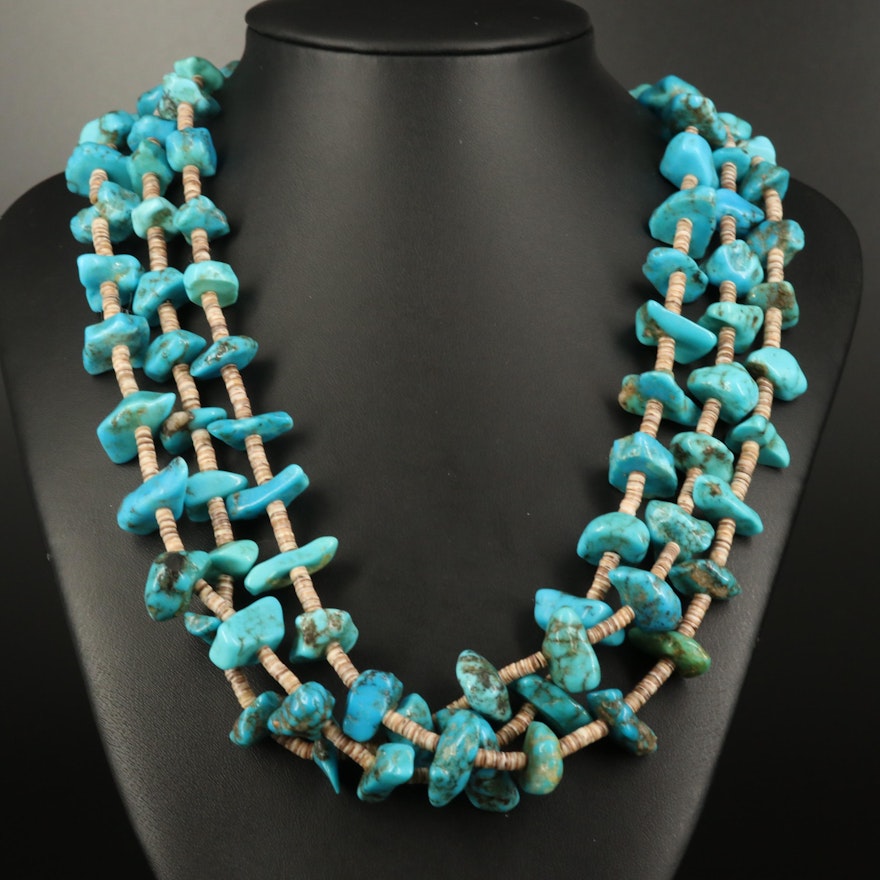 Southwestern Turquoise and Shell Triple Strand Necklace with Sterling Clasp