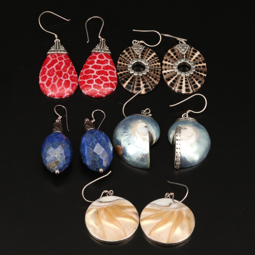 Assortment of Sterling Silver Earrings Featuring Lapis Lazuli and Shell