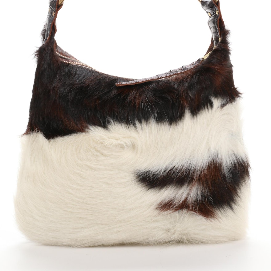 Maya Moon Calf Hair and Studded Embossed Leather Shoulder Bag