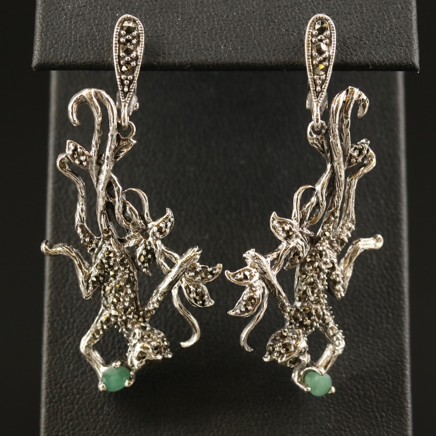Sterling Silver Marcasite Monkey Dangle Earrings with Emerald Accents