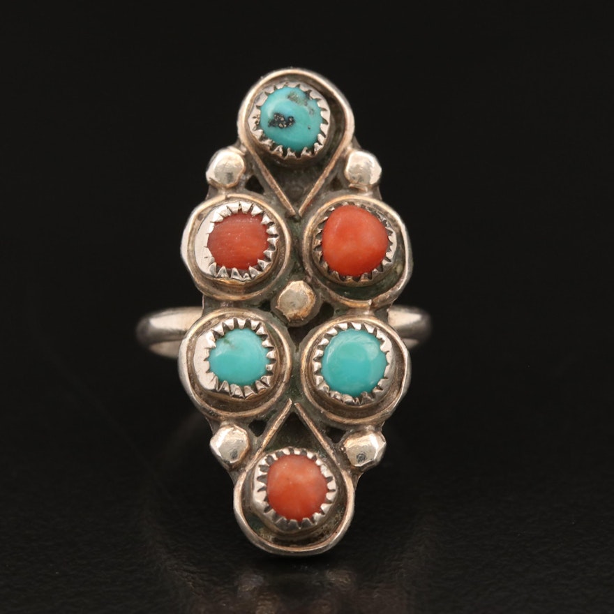 Western Sterling Turquoise and Coral Ring