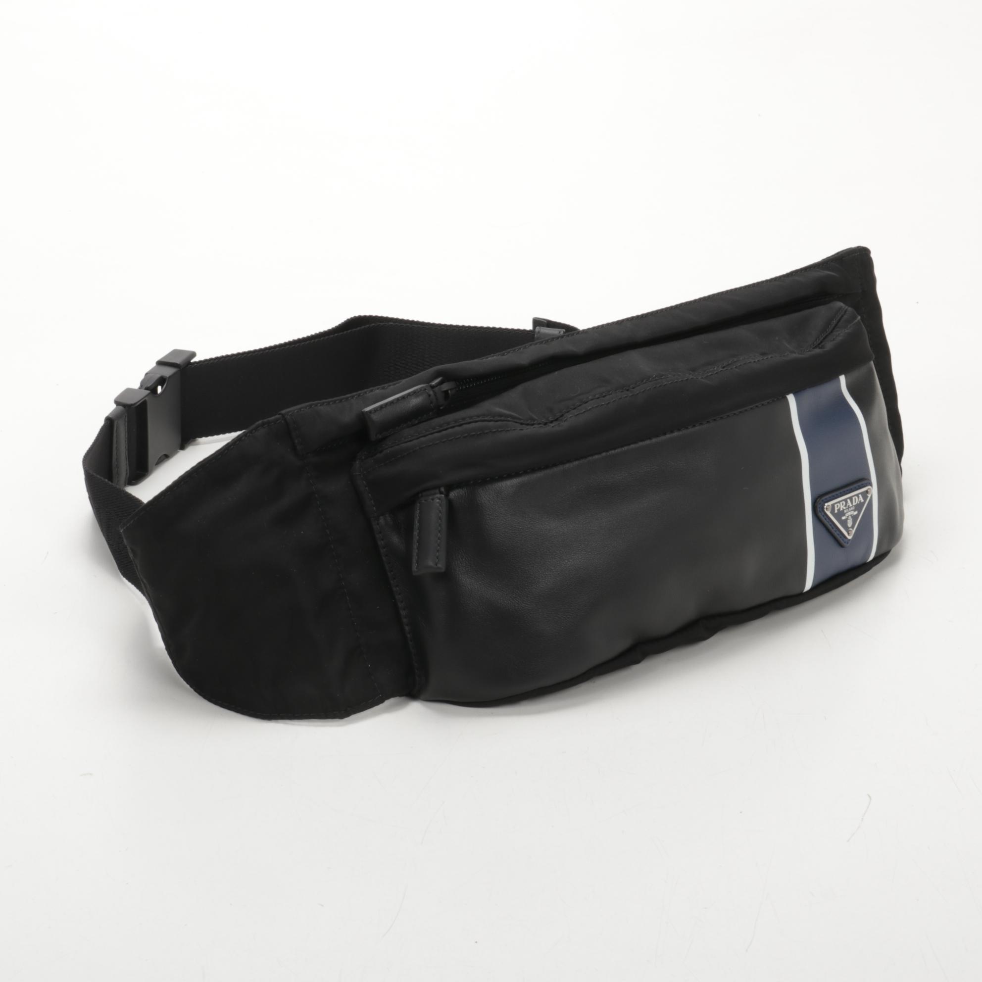 Prada Belt Bag in Printed Leather and Black Tessuto Nylon