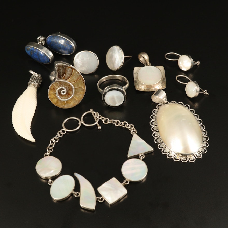 Selection of Sterling Jewelry with Ammonite, Mother of Pearl and Bone