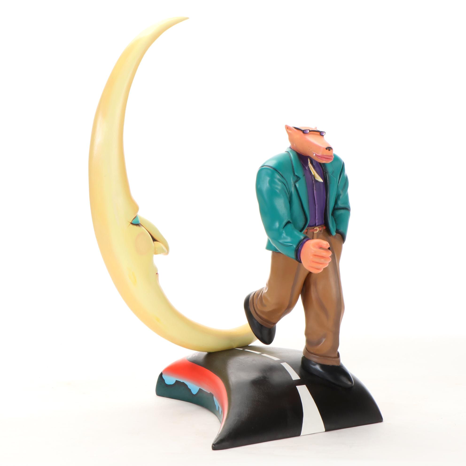 Painted Wood Sculpture after Markus Pierson of Coyote with Moon, 1992