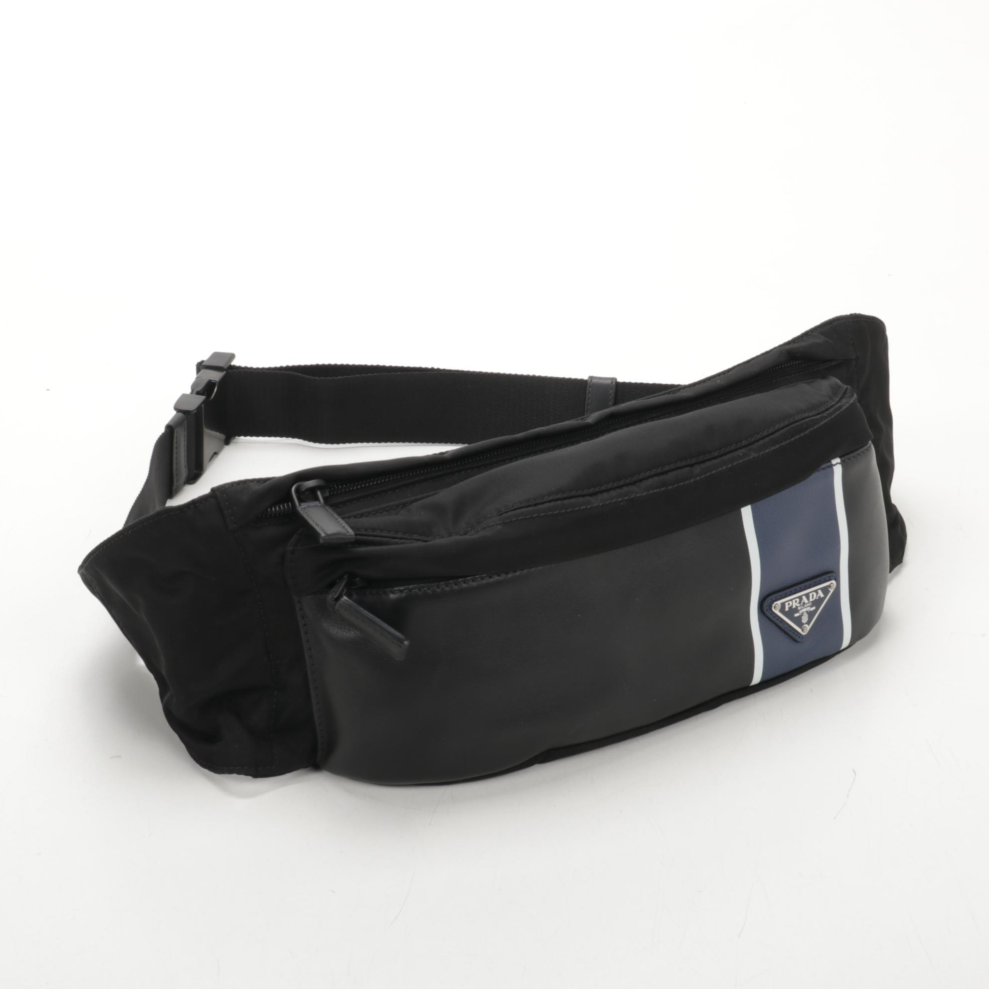 Prada Belt Bag in Printed Leather and Black Tessuto Nylon