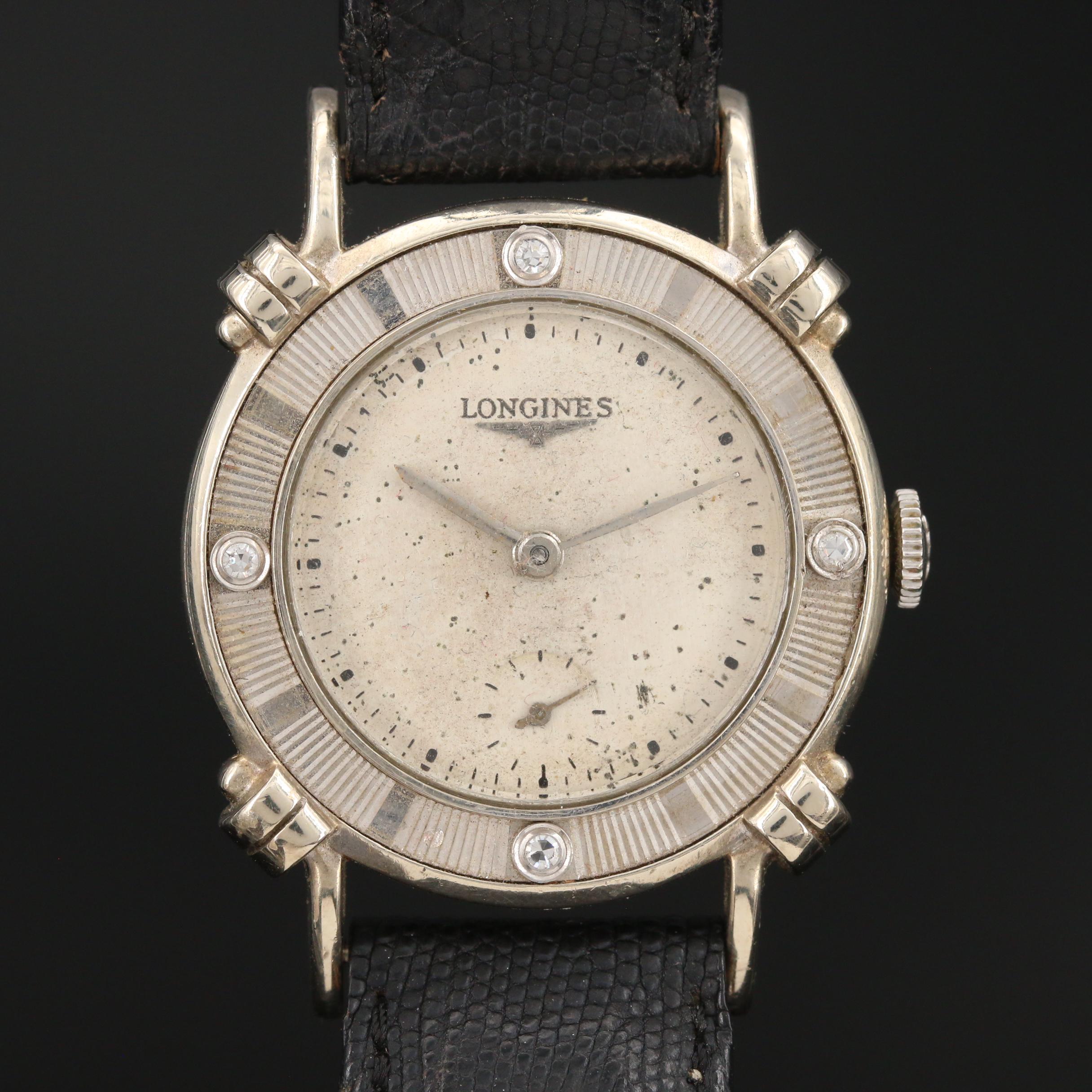 1949 Longines Anniversary 14K White Gold and Diamond Stem Wind Watch