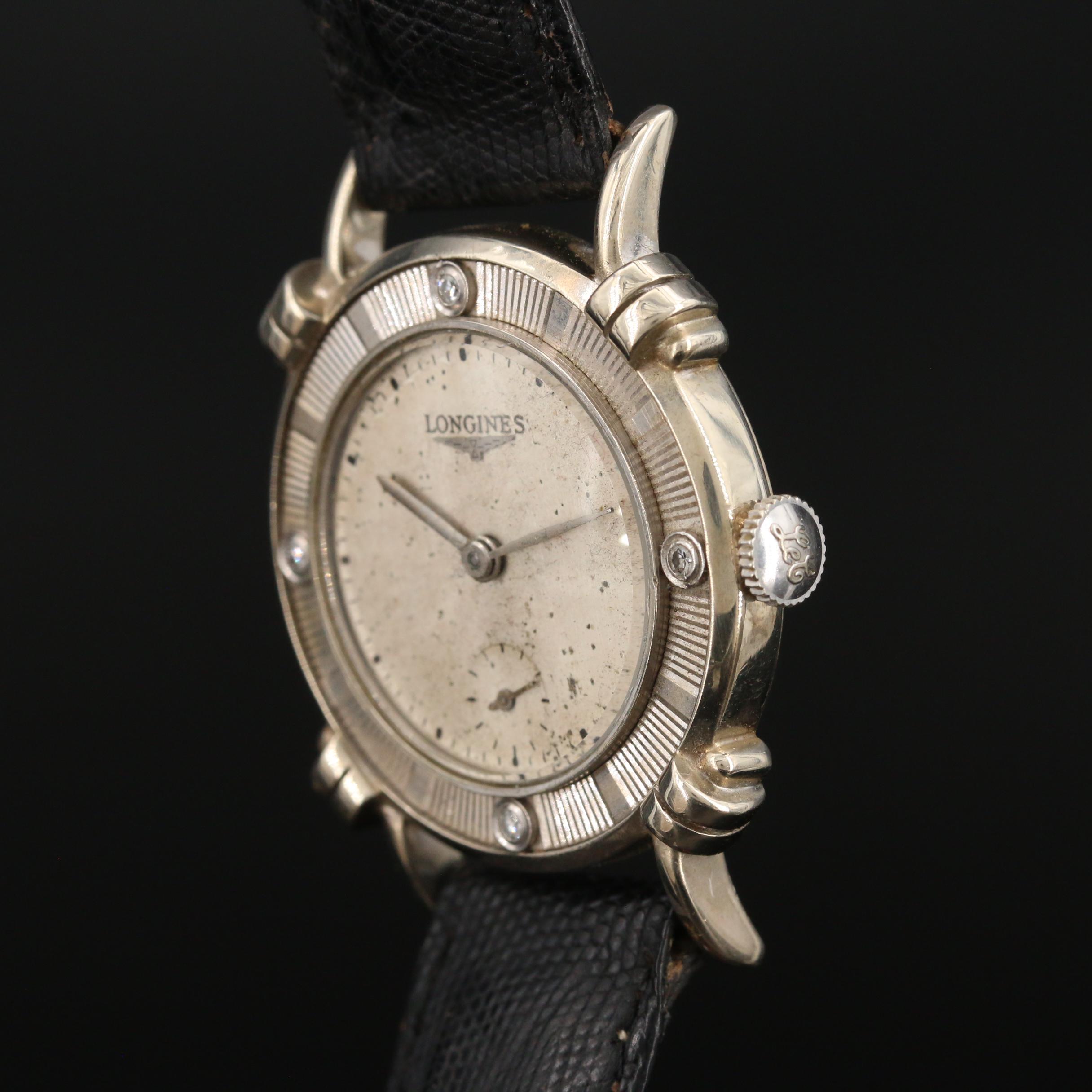 1949 Longines Anniversary 14K White Gold and Diamond Stem Wind Watch