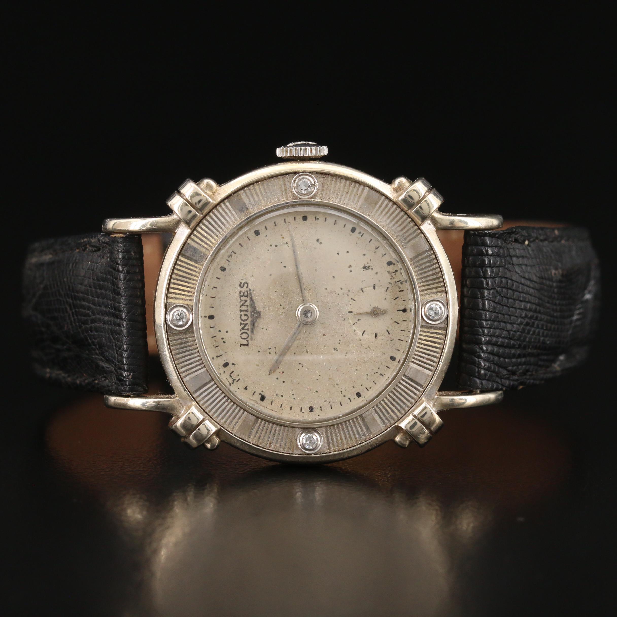 1949 Longines Anniversary 14K White Gold and Diamond Stem Wind Watch