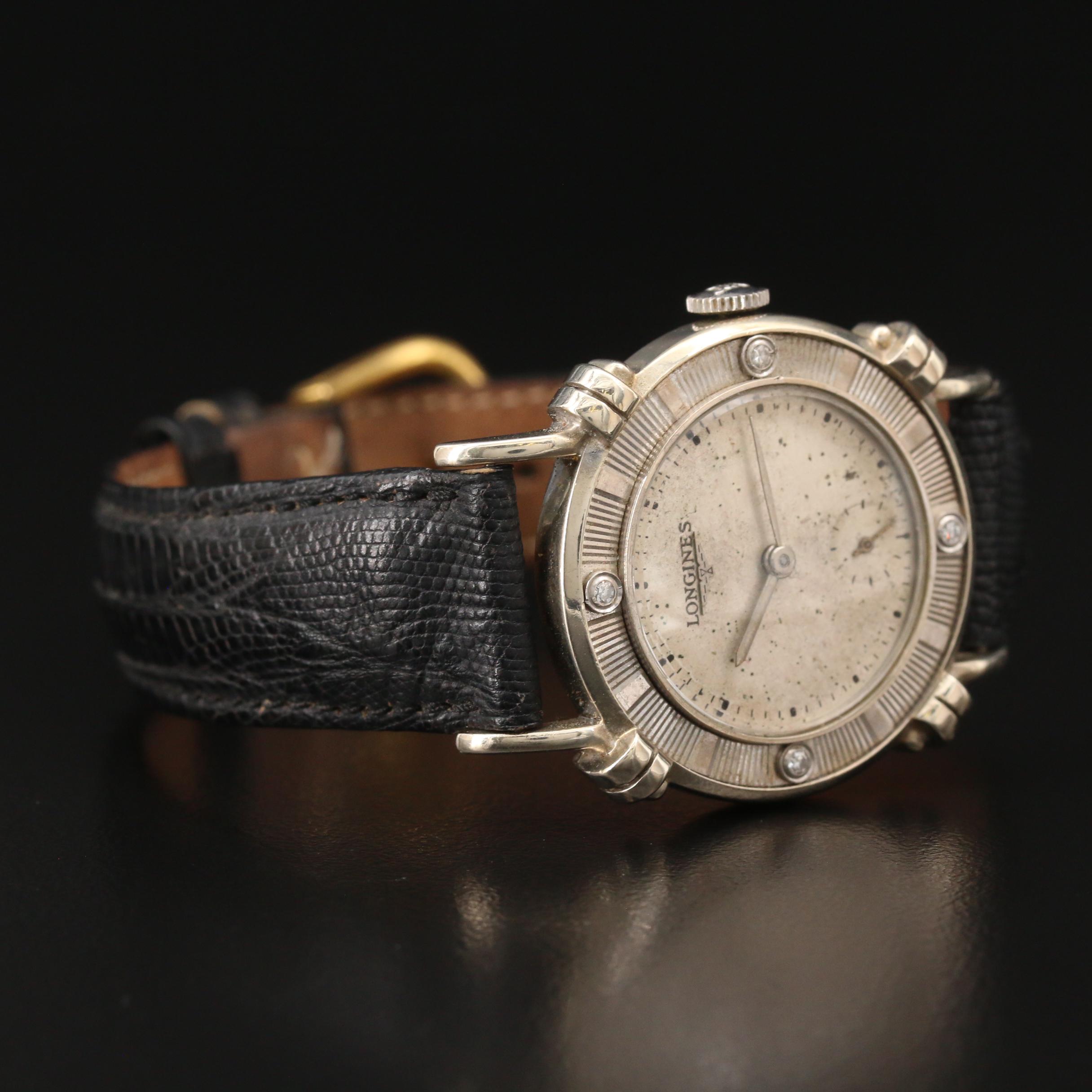 1949 Longines Anniversary 14K White Gold and Diamond Stem Wind Watch