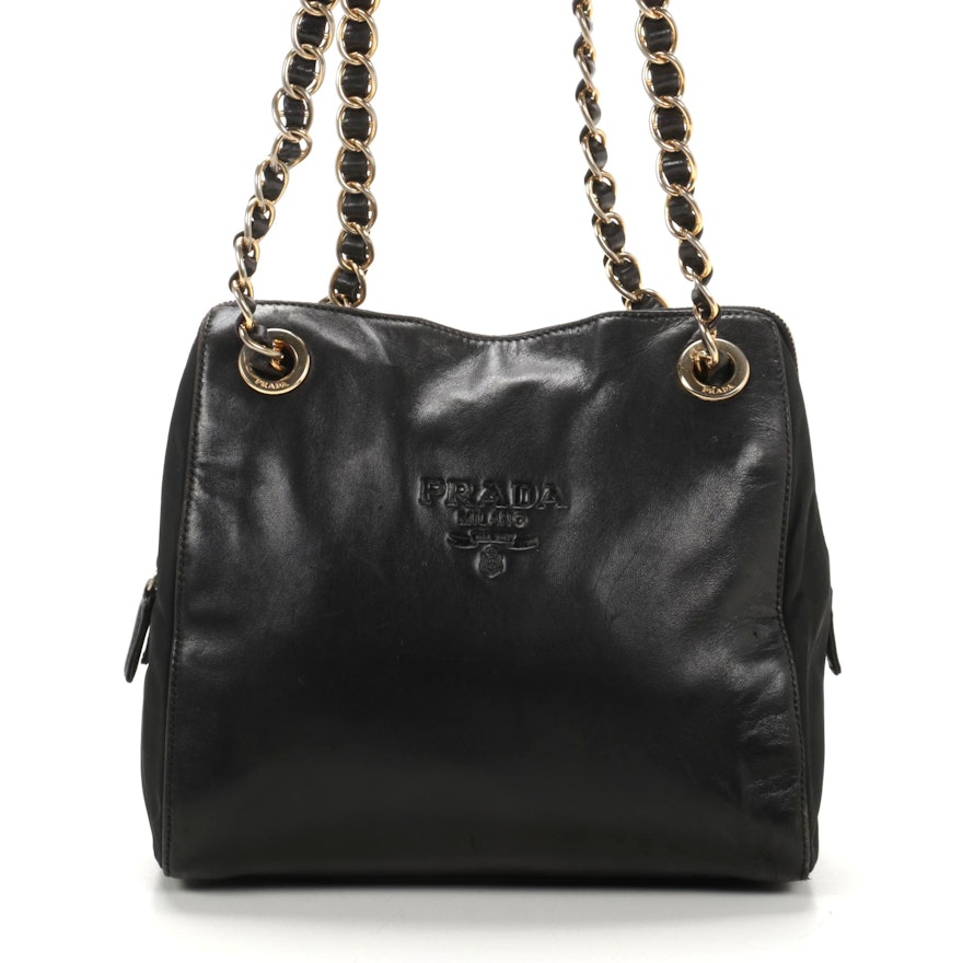 Prada Chain Strap Shoulder Bag in Black Leather and Tessuto Nylon