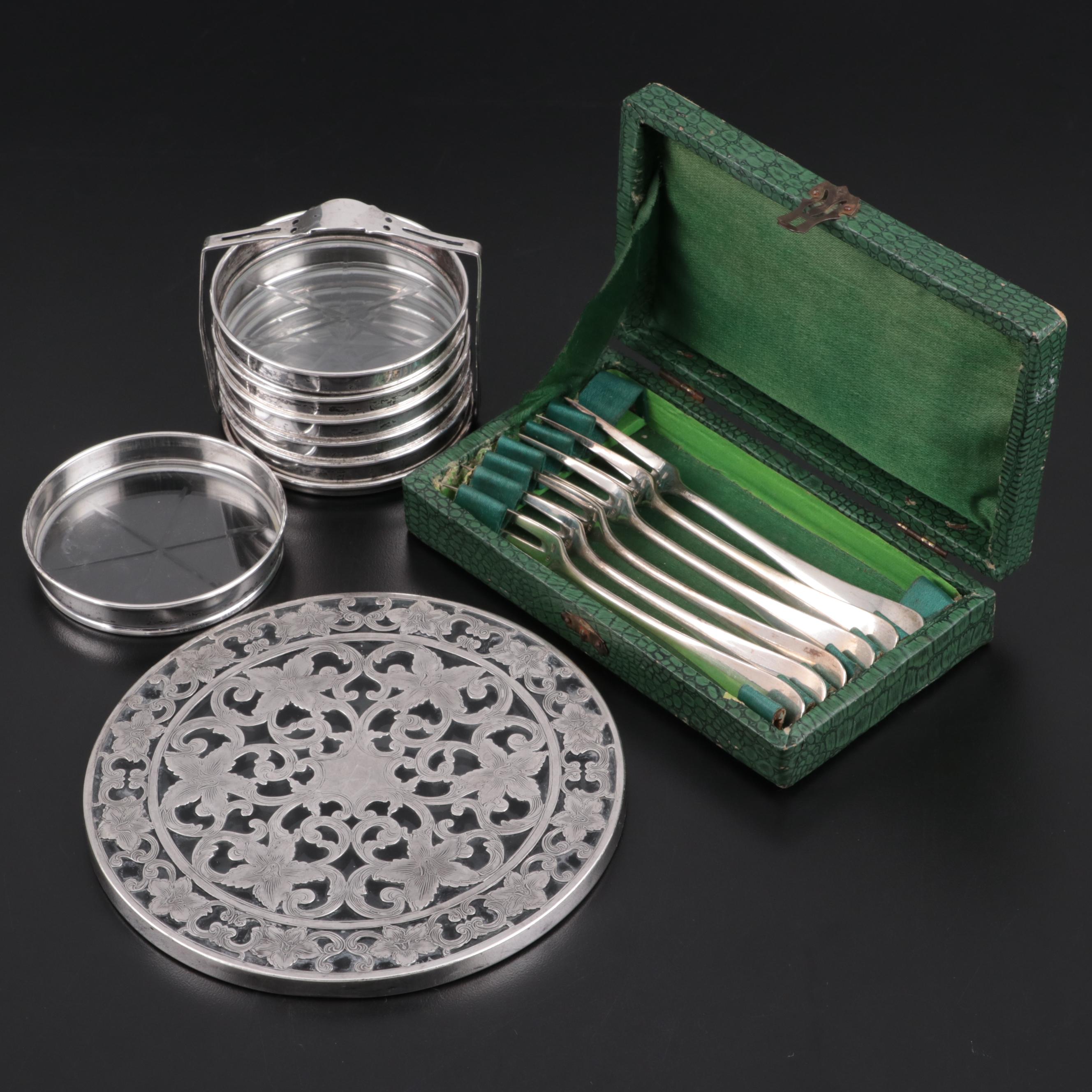 Gorham Sterling and Glass Coasters Other Trivet and Silver Plate Seafood Forks